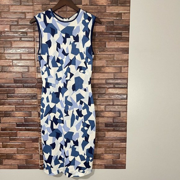 GIVENCHY Geometric Pencil Dress Blue Navy White Knit Stretch Size M Sleeveless - Picture 7 of 11